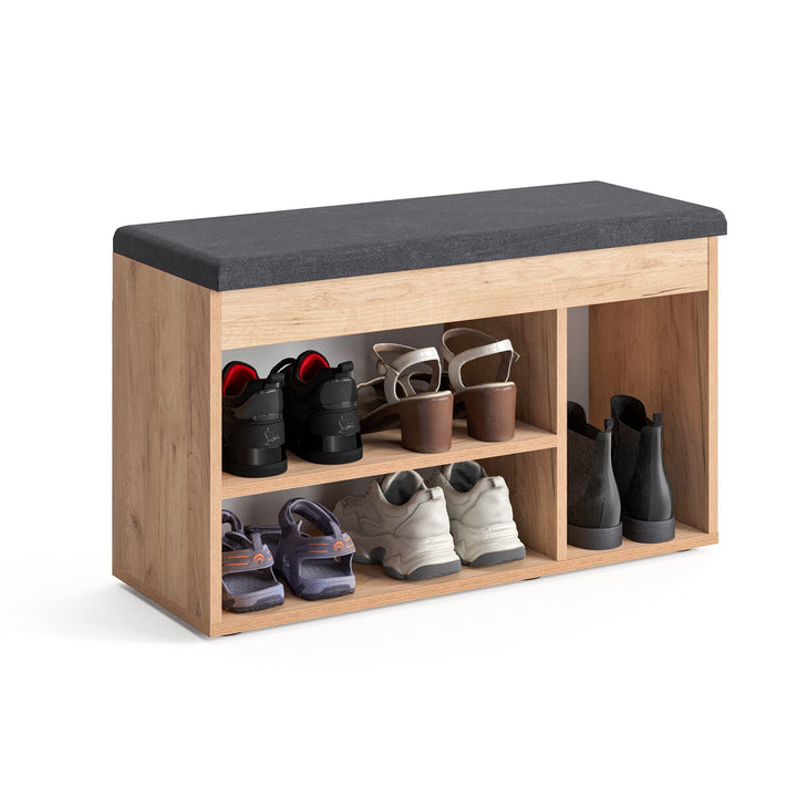 KOMTO Schuhbank mit Sitzfläche - Schuhregal Bank mit Stauraum Honig Eiche 80 x 48 x 32 cm Schuhschra