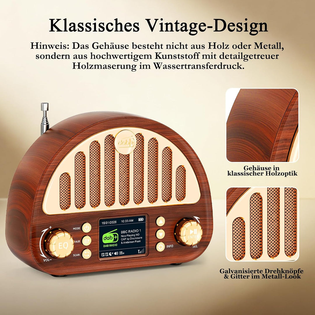 ROCAM DAB+/UKW Radio, Retro Radio mit Bluetooth 5.0, 8W Full Sound Lautsprecher, 3000mAh Akku, 2" Fa