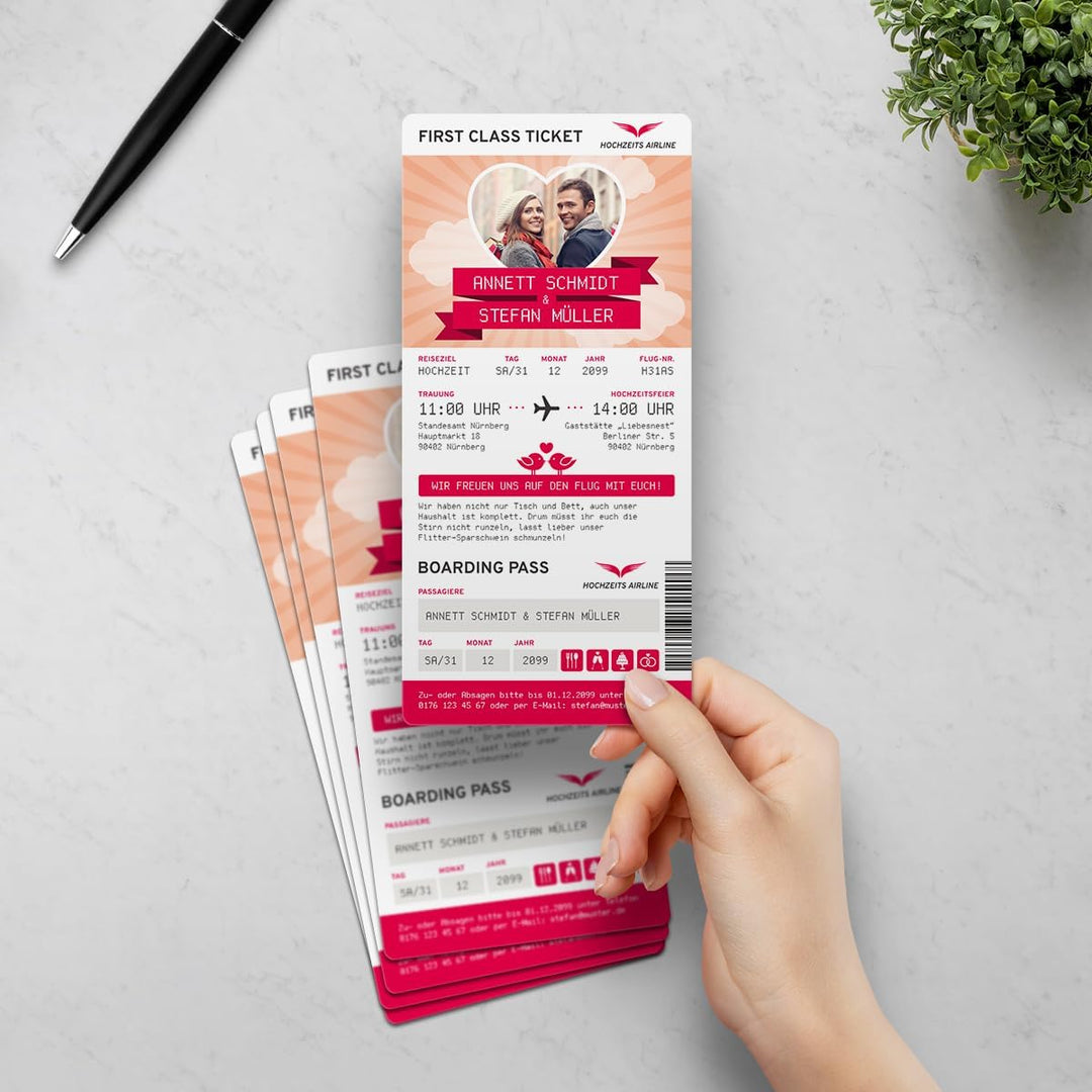 Kartenmachen.de Personalisierte Hochzeit Einladungen (10-100 Stück) - First Class Flugticket - Hochz