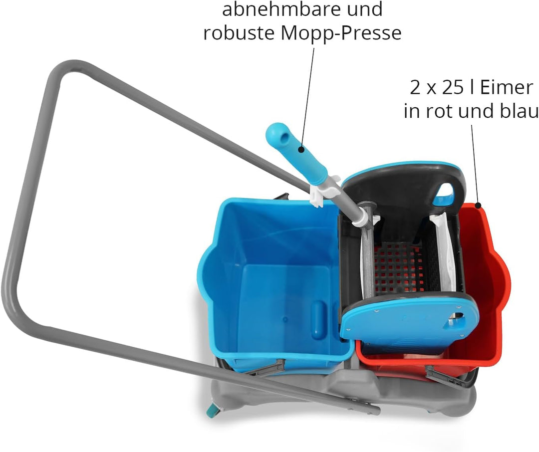 Hypafol Reinigungswagen mit Korb Set 50 cm | 2 x 25 l Eimer mit Wischmopp-Presse und Kehrgarnitur |
