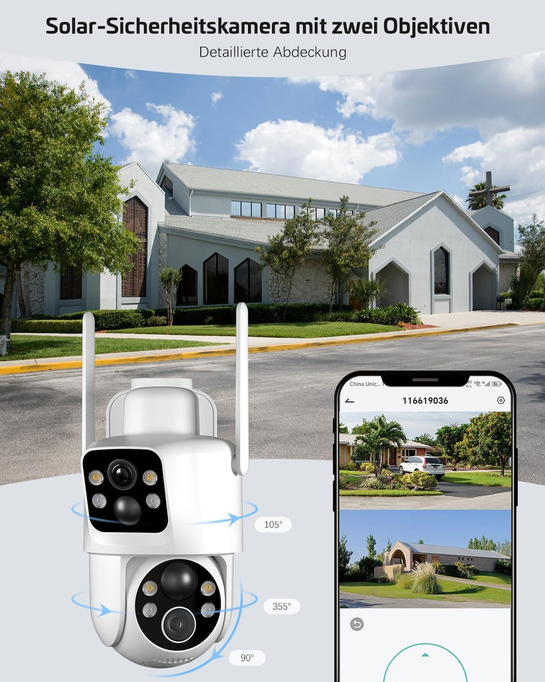 COCOCAM 2K Überwachungskamera Aussen Akku WLAN mit Dual-Objektiv, Solar Kamera Outdoor, Dual PIR, 10