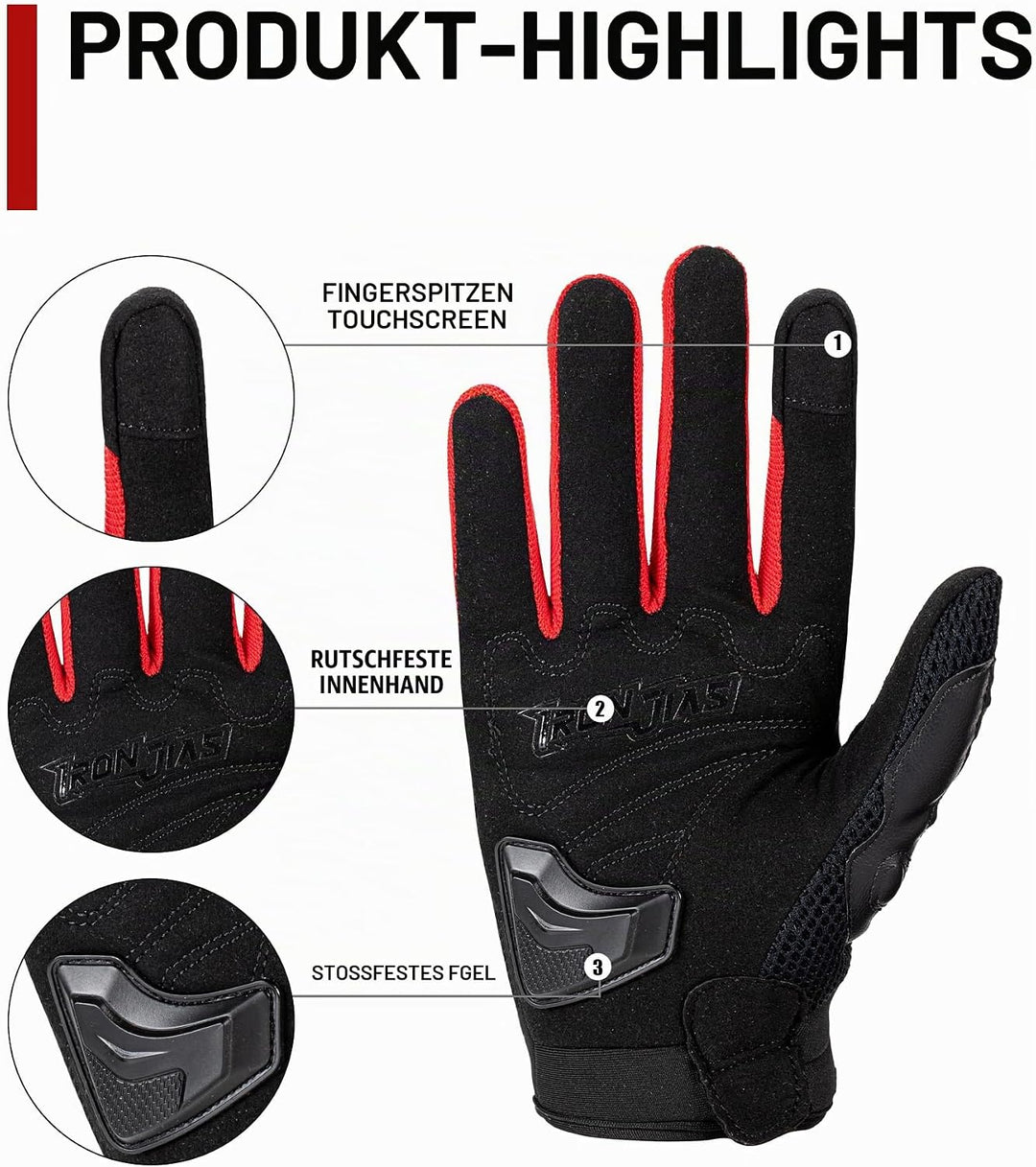 BORLENI Motorradhandschuhe Atmungsaktive Motorradhandschuhe Leder Vollfinger Knöchelschutzpolster To