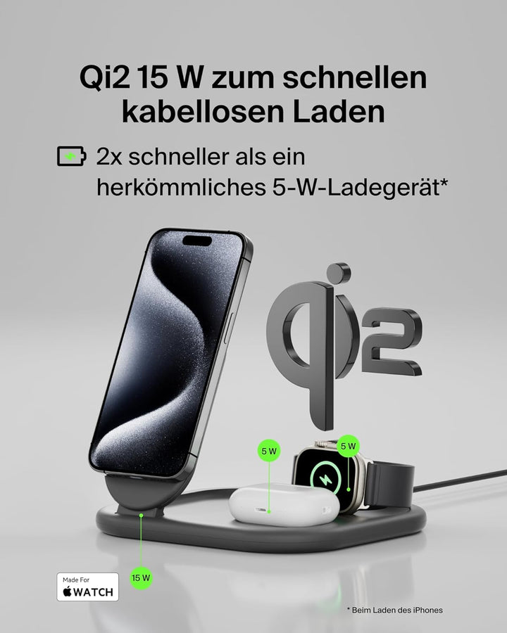 Belkin BoostCharge Ladegerät induktive 3-in-1 Ladestation Qi2, 15 W, klappbar MagSafe-kompatibles St