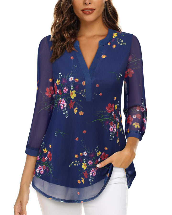 Damen 3/4 Ärmel Oberteil Henley V-Ausschnitt Hemden doppellagig Mesh Bluse Tuniken, XXL Blau Blumen
