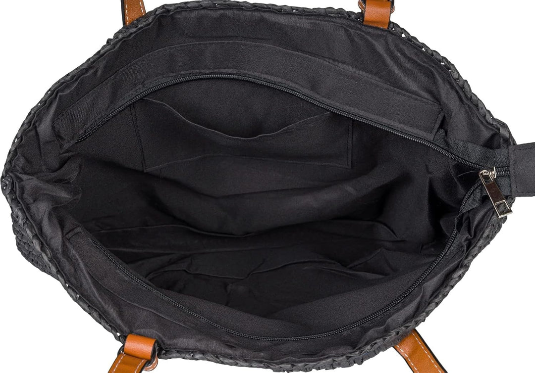 styleBREAKER Damen Korbflecht Schultertasche aus Papierstroh, Strandtasche mit langen Henkeln, Flech