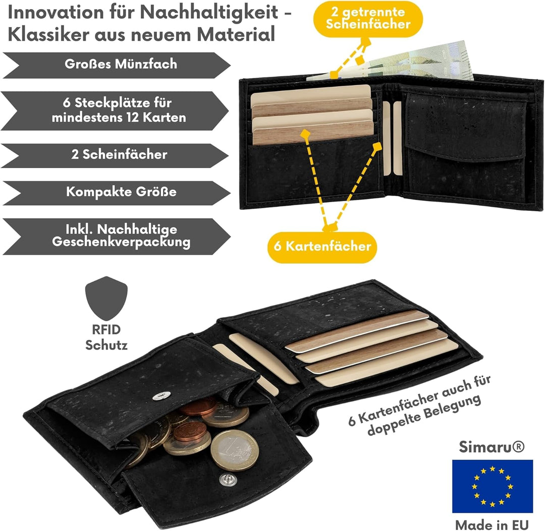 Simaru Geldbeutel Geldbörse Portmonee Vegan aus Kork,Portemonnaie mit RFID Schutz, hochwertiges Kork