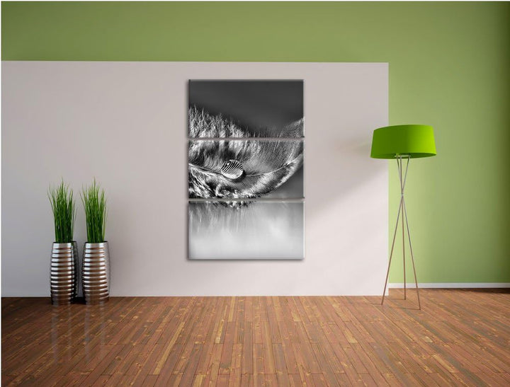 Pixxprint Wassertropfen auf Feder als Leinwandbild | Grösse: 3 Teilig (120x80) | Wandbild| Kunstdruc