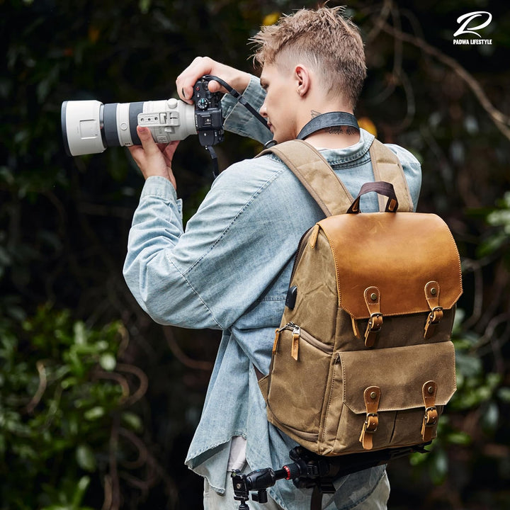 Padwa Lifestyle Khaki Kamerarucksack - wetterfeste Kameratasche aus gewachstem Memory Canvas mit 16“