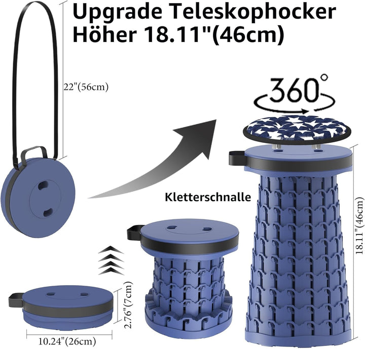 Tragbarer klapphocker mit Kissen,Campinghocker faltbar,teleskophocker Faltbarer für Erwachsene für W