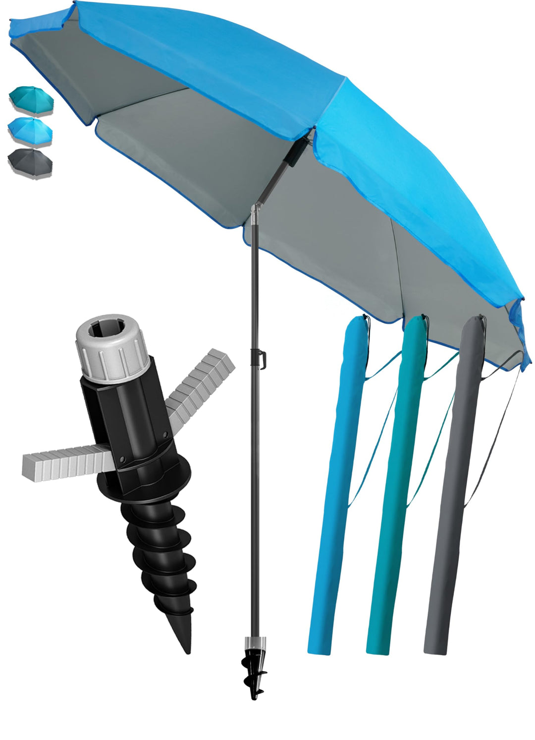 4smile Sonnenschirm Strand SET mit Bodenhülse, Ø 200 cm, Blau | UPF 50+ Strandschirm + Sonnenschirm