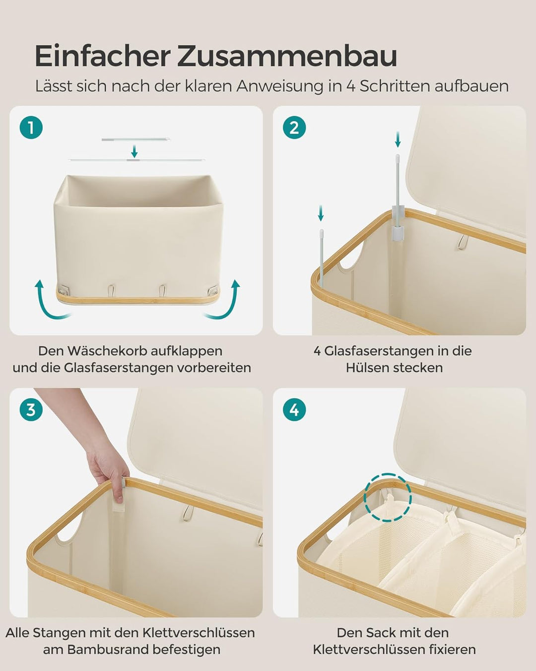 SONGMICS Wäschekorb mit Deckel, Wäschesammler mit 3 Fächern, 150 L, herausnehmbarer Wäschesack, Oxfo