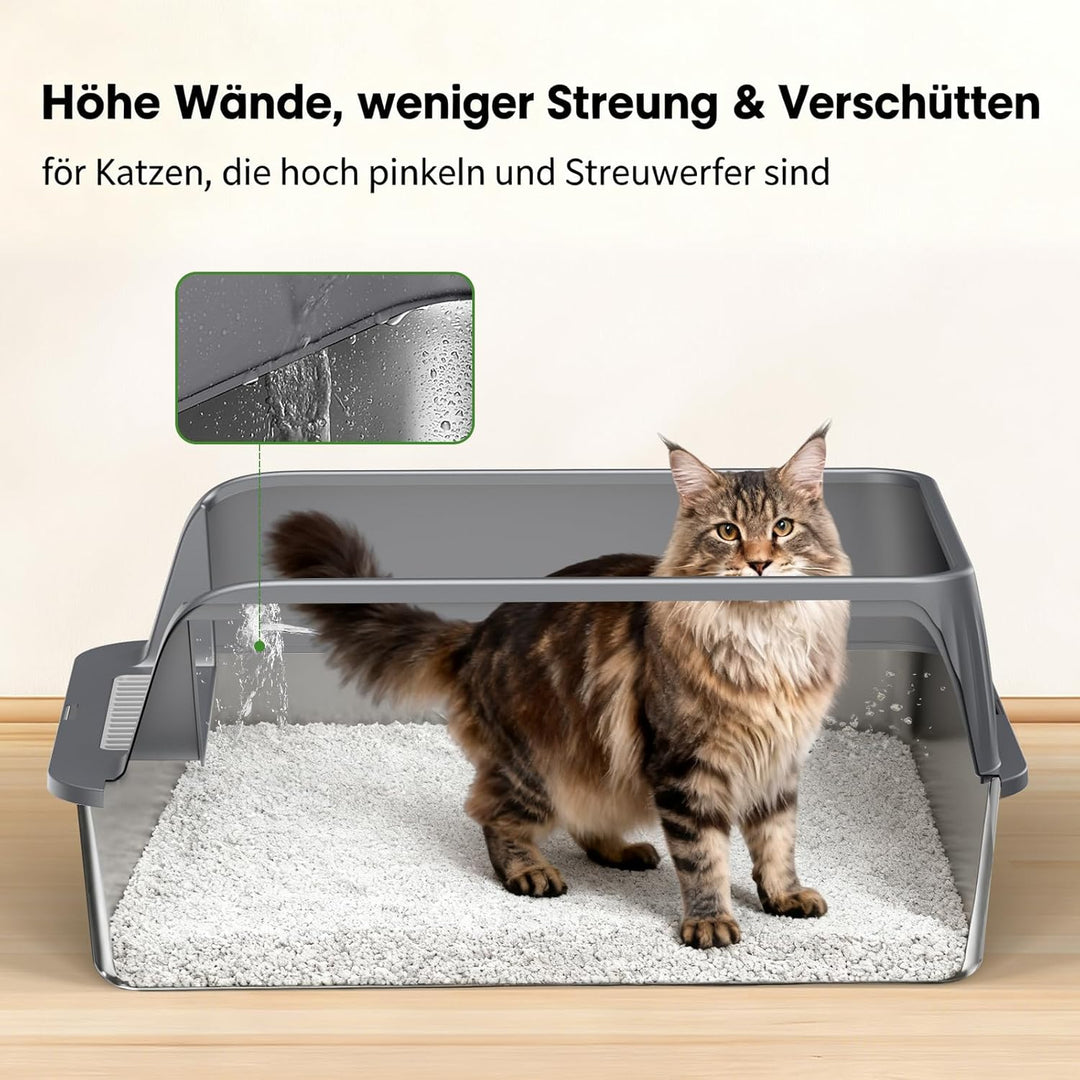 Edelstahl Offene Katzentoilette – extra grosse Katzentoilette mit hohen Seitenwänden für grosse Katz