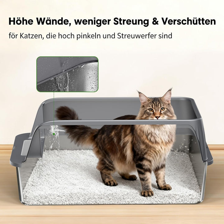 Edelstahl Offene Katzentoilette – extra grosse Katzentoilette mit hohen Seitenwänden für grosse Katz