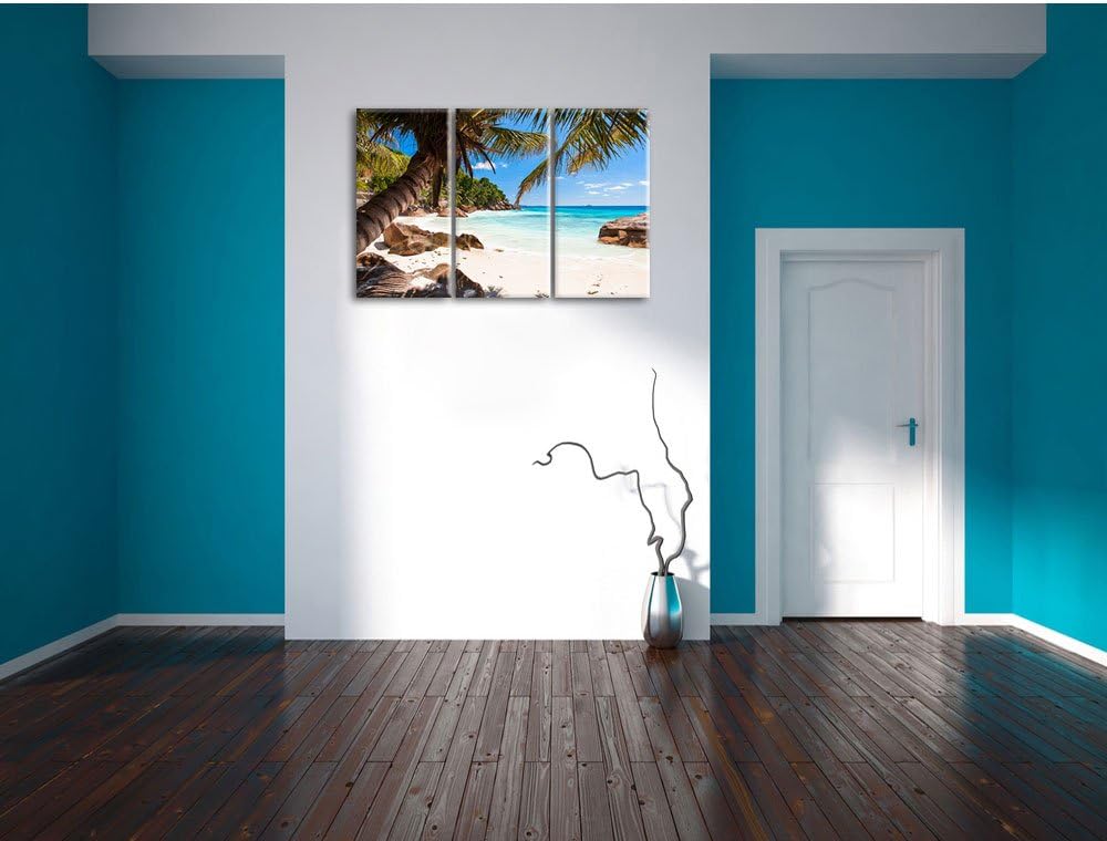 Pixxprint Palmenstrand Seychellen als Leinwandbild | Grösse: 3 Teilig (120x80) | Wandbild| Kunstdruc