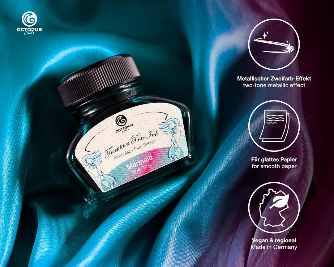 Octopus Fluids Füllhaltertinte Sheen mit Konverter, Mermaid, Petrol, 30 ml Mermaid 30 ml, Mermaid 30