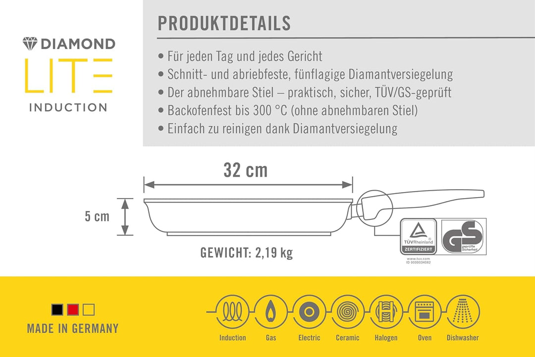 Woll Diamond Lite Flachpfanne - Induktiv -, Ø 32 cm, 5 cm hoch, mit abnehmbarem Stiel - Geeignet für