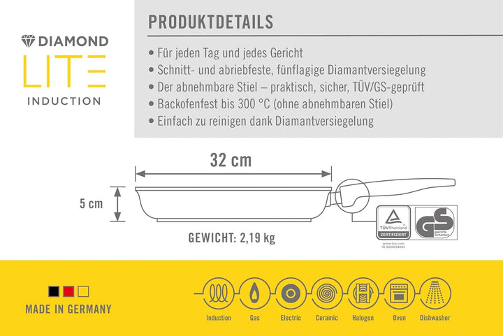 Woll Diamond Lite Flachpfanne - Induktiv -, Ø 32 cm, 5 cm hoch, mit abnehmbarem Stiel - Geeignet für