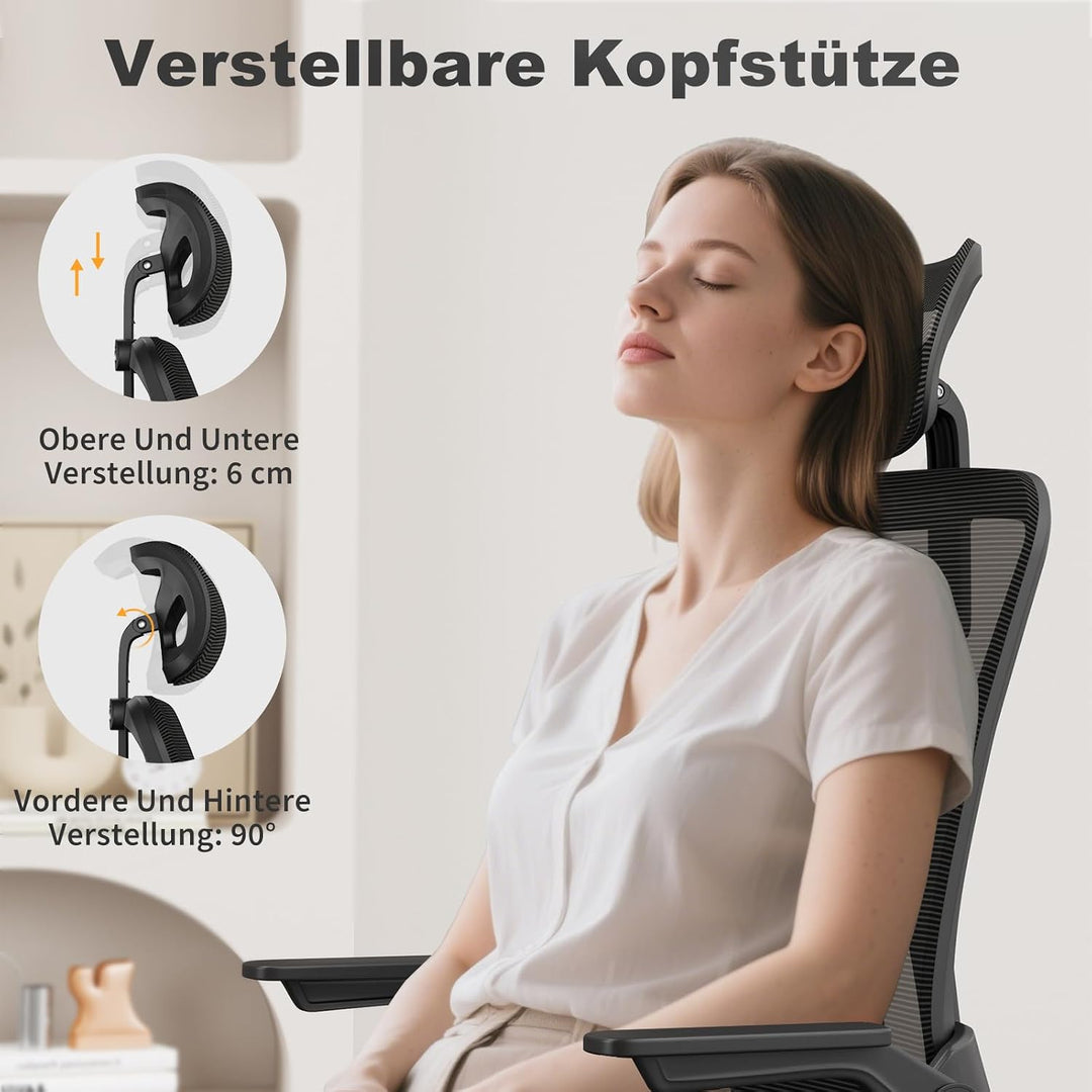 naspaluro Bürostuhl, Schreibtischstuhl mit Mesh, Lenden- und Kopfstütze, Drehstuhl mit 90° Klappbare