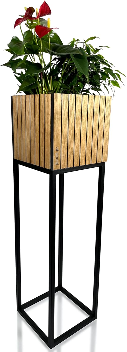 FLEXISTYLE Pflanzenständer LOFT FIORINO Metall Eiche Holz Lamelle Blumenständer Schwarz Blumentopf m