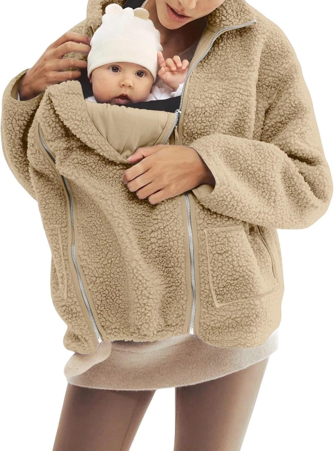 SYDUZAX Umstandsjacke mit Babyeinsatz Warm Teddy Fleecejacke Umstands Baumwolljacke Winter Umstandsm