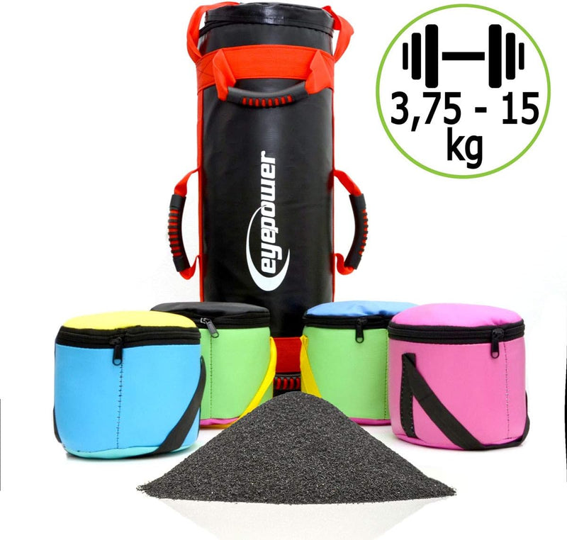 EYEPOWER 15kg Power Bag + 4 Kettlebell Gewichte - Befüllt mit Eisensand - Besser als Geräte: 6 Griff