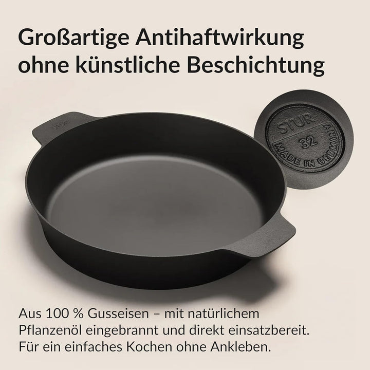 STUR - ORIGINAL Gusseisenpfanne Induktion 32cm mit 2 Griffen - Cast Iron Pan für alle Herdarten - Gr