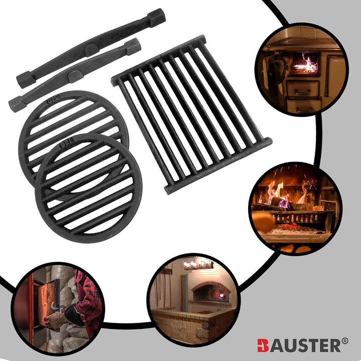 Kaminrost Gussrost Ofenrost Feuerrost Tafelrost Ascherost – Rund &amp; balken – Für Holzofen, Kaminofen,
