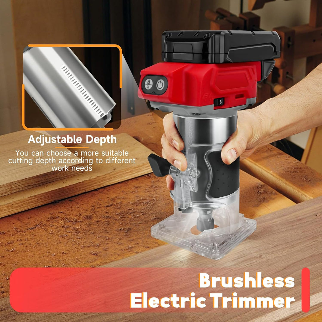 Akku Oberfräse kompatibel für Milwaukee 18V Batterie, 800W bürstenloser Trimmer Router mit 5 Gängen,
