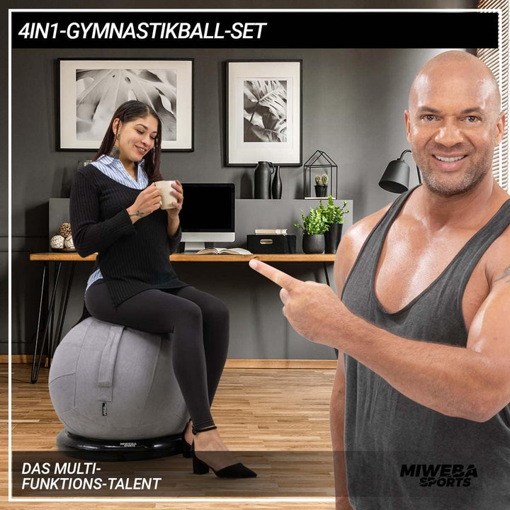 Miweba Sports Gymnastikball | 65 cm ∅ - Traglast 500 kg - Pilates Ball - Pezziball - 4in1 Set inkl B