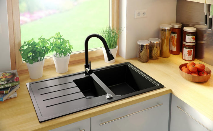 PRIMAGRAN Spülbecken Alles Schwarz 90x50cm, Granitspüle 1,5 Becken + Ablauf-Set + Aufrollbare Abtrop