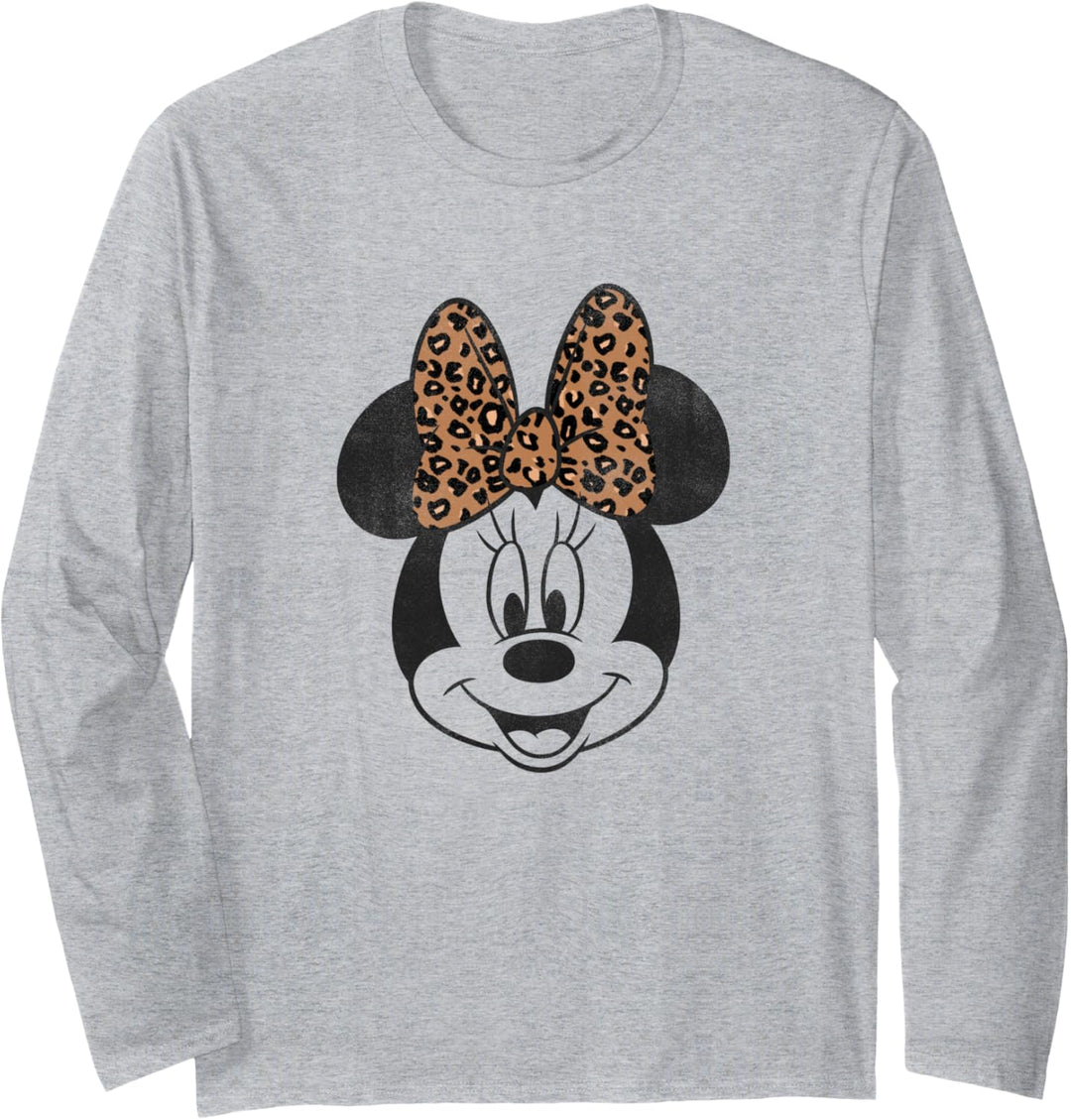 Disney Minnie Mouse Distressed Vintage Leopard Bow Face Langarmshirt