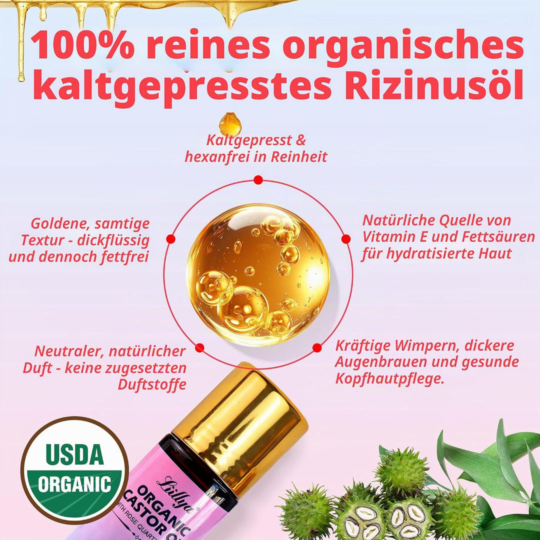 rizinusöl kaltgepresst bio Roll On mit Rosenquarz – Castor Oil Organic 100% Rein, Hexanfrei, Natürli