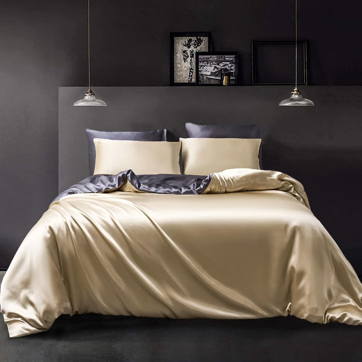 YASMENG Satin Bettwäsche 135x200 4teilig Beige Grau Dunkelgrau Bettbezug Set Einfarbig Deckenbezug M