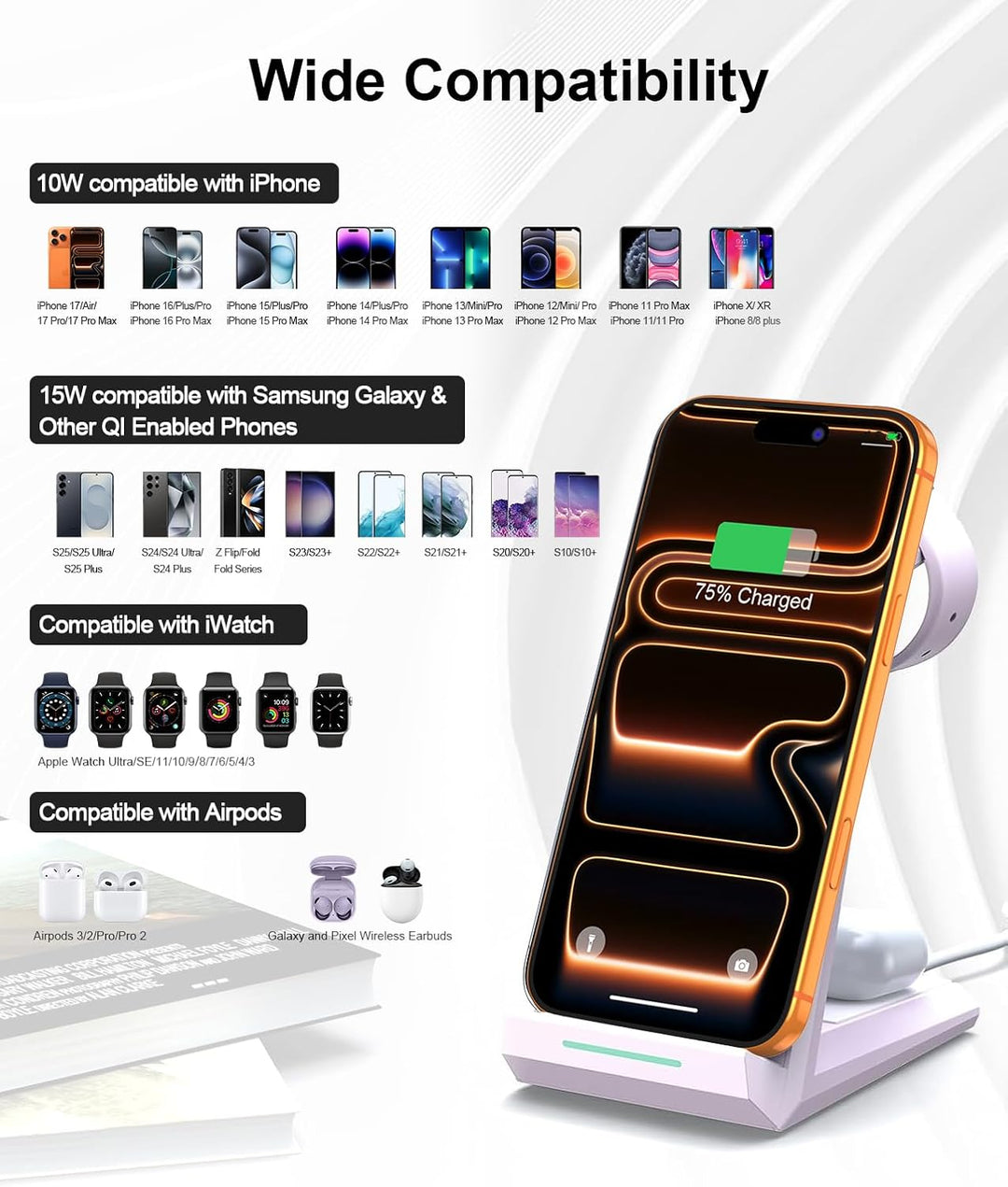 3 in 1 Induktive Ladestation Apple Watch und iPhone, Kabelloses Ladegerät für iPhone 17/16/15/14/13/