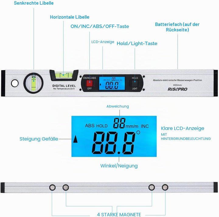 Neigungsmesser, RISEPRO Digitale Neigungsmesser Winkel Finder Gauge Spirit Level aufrecht Magnet 360