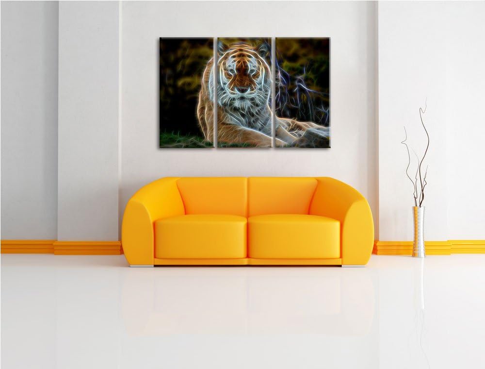 Dark schöner Tiger auf Wiese NewArt 3-Teiler Leinwandbild 120x80 Bild auf Leinwand, XXL riesige Bild