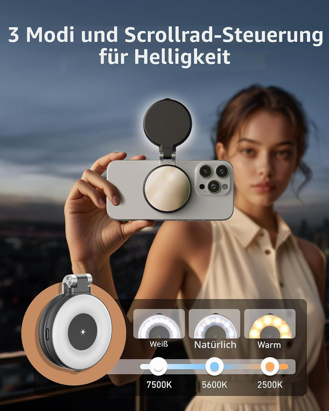 TELESIN C03 Magnetische Selfie-Licht, Handy-Licht kompatibel mit Magsafe, CRI97 360° LED Selfie Ring