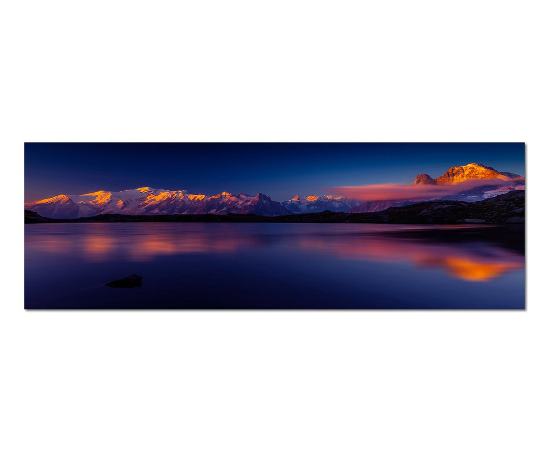 Paul Sinus Art Panoramabild auf Leinwand und Keilrahmen 150x50cm Berge See Sonnenuntergang Spiegelun
