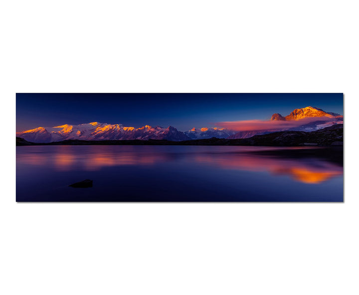 Paul Sinus Art Panoramabild auf Leinwand und Keilrahmen 150x50cm Berge See Sonnenuntergang Spiegelun