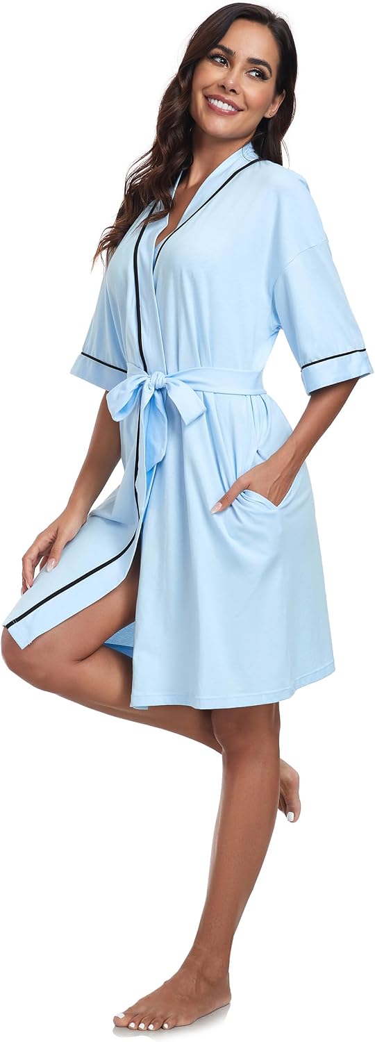 COLORFULLEAF 100% Baumwolle Bademantel Damen Kurz Morgenmantel Leicht Knielang Kimono Saunamantel Na