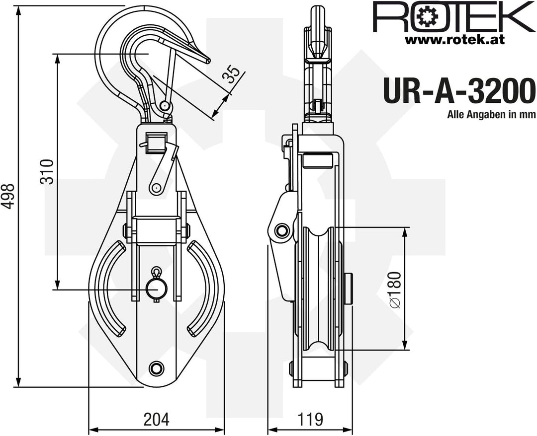 Rotek Umlenkrolle für Seilzüge und Seilwinden, UR-A-Serie mit drehbarem Haken und Sicherheitsfalle m
