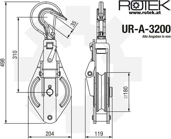 Rotek Umlenkrolle für Seilzüge und Seilwinden, UR-A-Serie mit drehbarem Haken und Sicherheitsfalle m