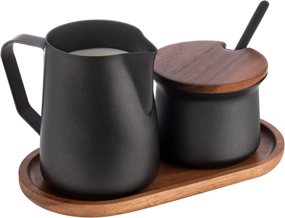 APS 634 Milch- und Zucker-Set, 5-tlg. Set, Akazienholz, Edelstahl, antihaft beschichtet, schwarz, Sc