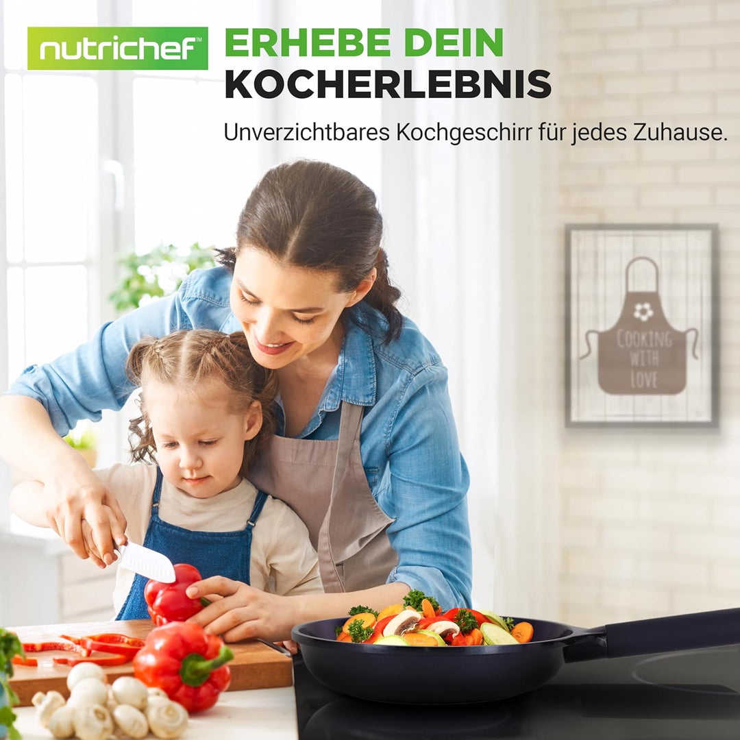 NutriChef Pfannenset 5-teilig – Grillpfanne, Wokpfanne, Bratpfanne 28 cm, Fischpfanne oval, Glasdeck
