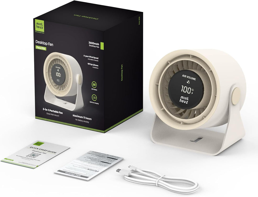Minthouz Tischventilator, USB Ventilator mit LED Anzeige, 3600mAh Akku Ventilator Leise, 90° Neigbar