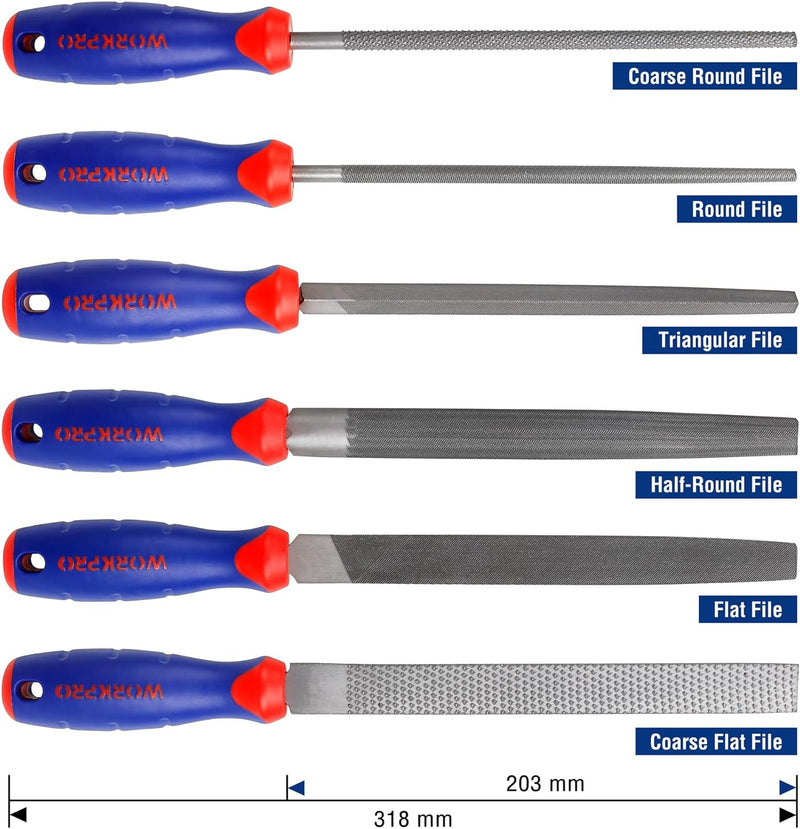 WORKPRO Feilensatz, Flachfeile 200mm, Halbrundfeile 200mm, Rundfeile 200mm, Dreikantfeile 200mm, Fei