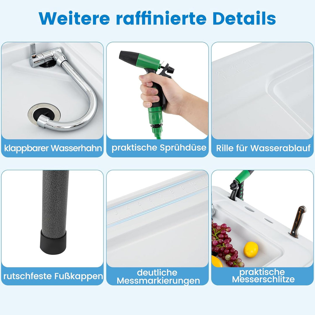 COSTWAY Klappbarer Fischreinigungstisch, Filetiertisch mit Spüle, Gitterablage, Wasserhahn, Sprühdüs