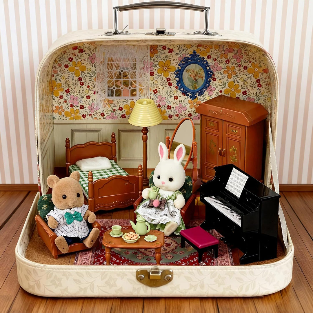 Koffer Dollhouse Tragbares Puppenhaus Möbel Zubehör DIY Miniatur Haus mit 2 Flexible Puppen, Klavier