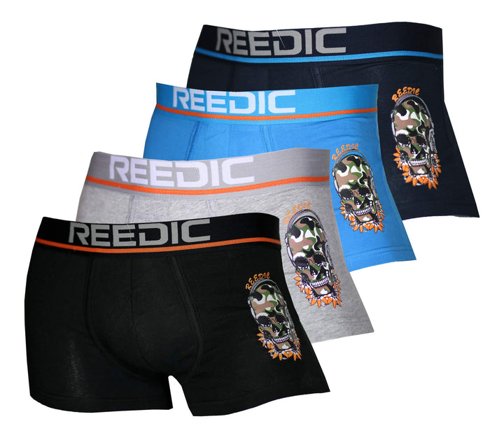 Reedic Herren Boxershorts Baumwolle mit Totenkopf-Motiv im 4er Pack M Je 1x Schwarz, Grau, Dunkelbla
