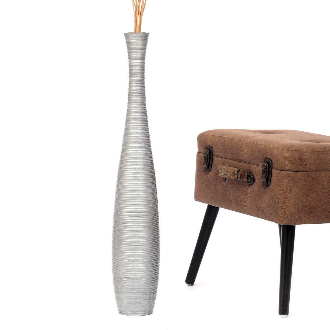 Leewadee Grosse Bodenvase für Dekozweige hohe Standvase Design Holzvase, Holz, 70 cm, Silber 70 cm S